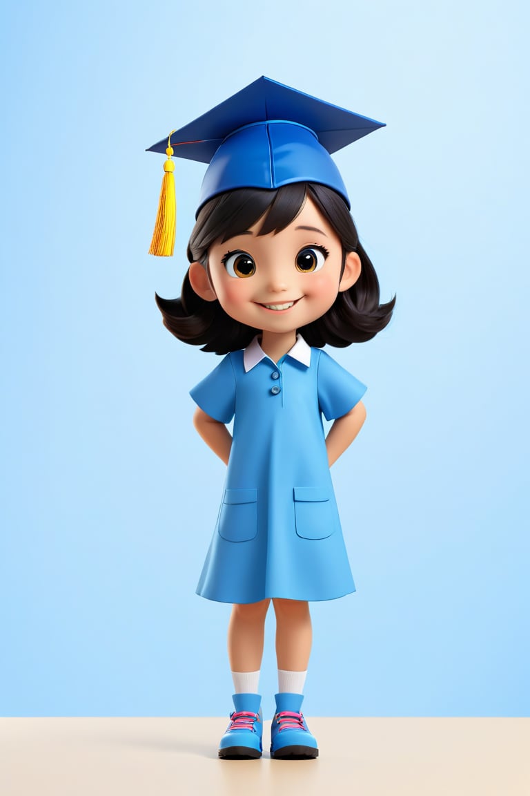 kindergarten graduation card, happy face 1 kid 5 years old girl, 120cm tall, wear blue graduation hat, black hair, thank you to teacher, full body, background is kindergarten