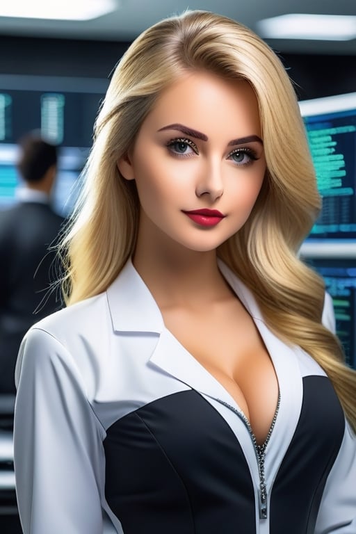 Working Women beautiful young lady 24 age standing talk perfect face eyes hair blonde mouth programmer hacker doctor ceo engineering dress zoom in all body best quality 16k in Big Cyber rooms Data Ai core in CPU, Data Annotation,Beauty,1girl,SDXL