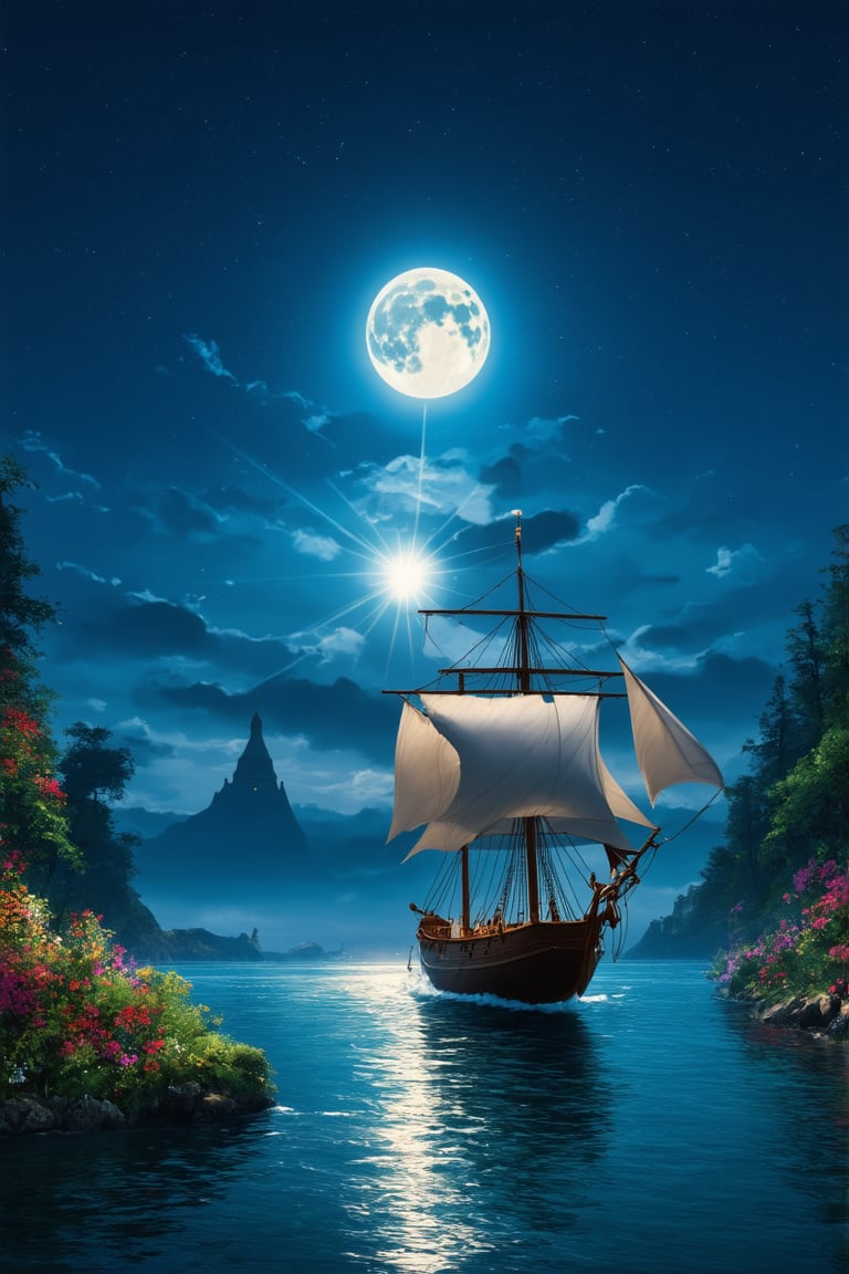 A majestic arafed sailboat glides effortlessly across the tranquil ocean at dusk, under the soft glow of a full moon suspended in the dark blue sky. The sailboat's billowy sails are perfectly framed against the dreamy fantasy forest landscape, where lush greenery and vibrant flowers sway gently in the breeze. In the distance, the mystical Silk Road landscape unfolds, its ancient architecture and radiant energy casting an otherworldly aura. A perfect blend of wonder and magic transports viewers to a world beyond reality.