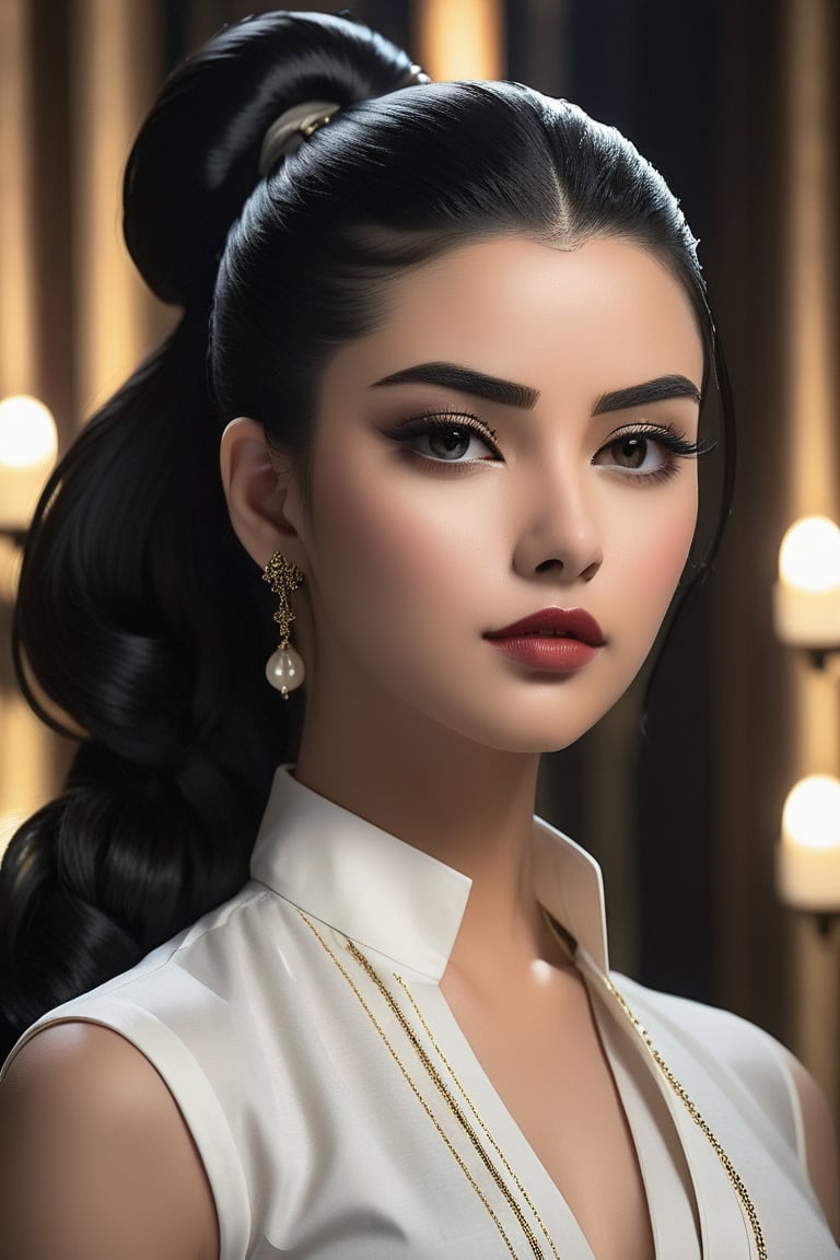 1girl, beautiful woman, elegant pose, ponytail hairstyle, flowing black hair, piercing black eyes, full lips, closed mouth, serene expression, clothes, upper body portrait, direct gaze at viewer, soft lighting, high-quality detailed render, photorealistic style