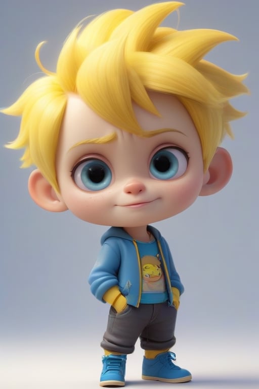 4d photographic image of full body image of a cute little chibi boy surreal, yellow hair, vivid colours octane render trending on artstation, artistic photography, photorealistic concept art, soft natural volumetric cinematic perfect light, UHD white background, Dream House, Disney style, Disney Pixar style,score_9,modern Disney