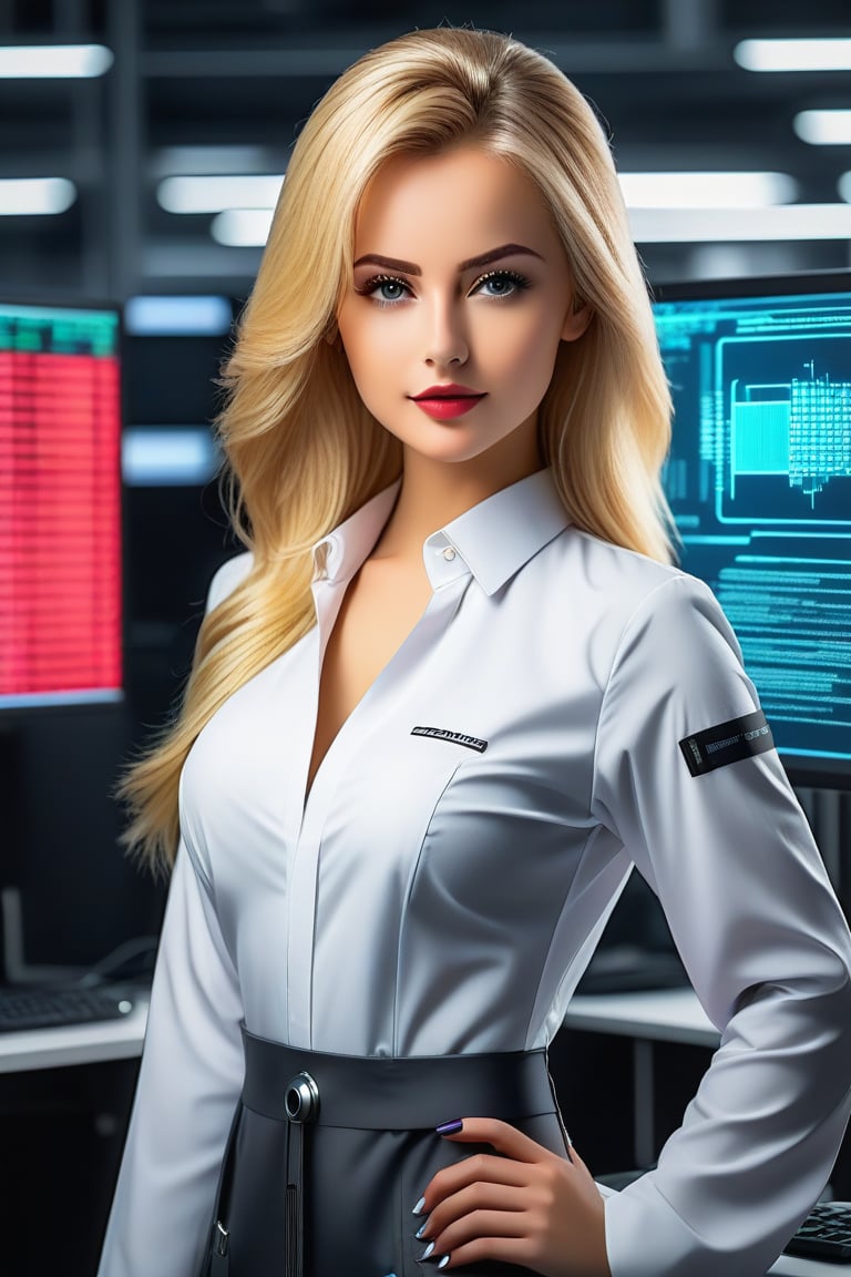 Working Women beautiful young lady 24 age standing talk perfect face eyes hair blonde mouth programmer hacker doctor ceo engineering dress zoom in all body best quality 16k in Big Cyber rooms Data Ai core in CPU, Data Annotation,Beauty,SDXL