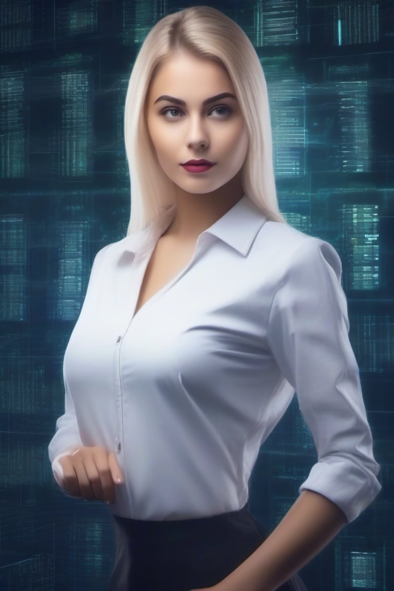 Working Women beautiful young lady 20 age standing talk perfect face eyes hair blonde mouth programmer hacker doctor ceo e...