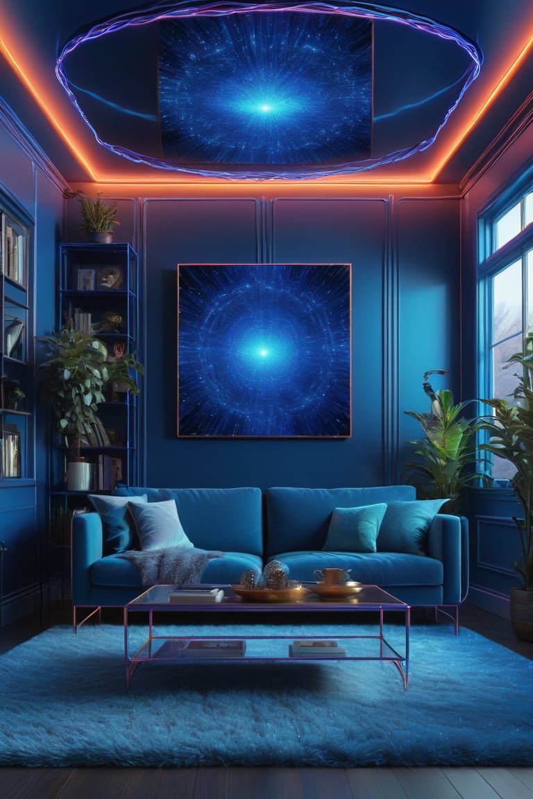 Dream Holographic1,POV,a BLUE wire frame of living room,fuzzy background,highly detailed,ultra-high resolutions,32K UHD,best quality,masterpiece,