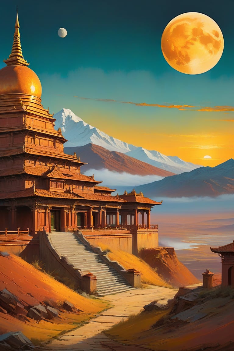 "A surreal, futuristic landscape at dusk with a massive, luminous golden moon dominating the sky, casting a warm glow over everything. The moon should be sharp, detailed, and prominent in the foreground. The background should transition into an abstract, painterly environment featuring indistinct forms and shapes suggesting a Tibetan monastery, rendered in a loose, impressionistic style to emphasize mood and atmosphere over detailed realism. The atmosphere should be hazy and diffuse, with the haze or fog being whiter, creating an ethereal and somewhat dystopian feel. Use balanced colors primarily from a palette of grays, blues, and greens to create depth and atmosphere, while incorporating rust-orange, rust-red, rust-brown, rust-yellow, rust-gold, rust-gray, rust-beige, rust-copper, rust-tan, burnt sienna, raw umber, burnt umber, and yellow ochre for accents. These earthy tones should depict worn, weathered, and aged appearances. Incorporate small, distinct accents of rusty orange-yellows and rusty teals to highlight specific areas and enhance visual interest. Ensure the painting blends impressionism and abstraction seamlessly, creating a rich, immersive setting. Utilize Unreal Engine, Octane Render, Hyper Realistic, Cinematic, Epic, and Matte Painting techniques to achieve a high-quality, detailed, and visually striking result."