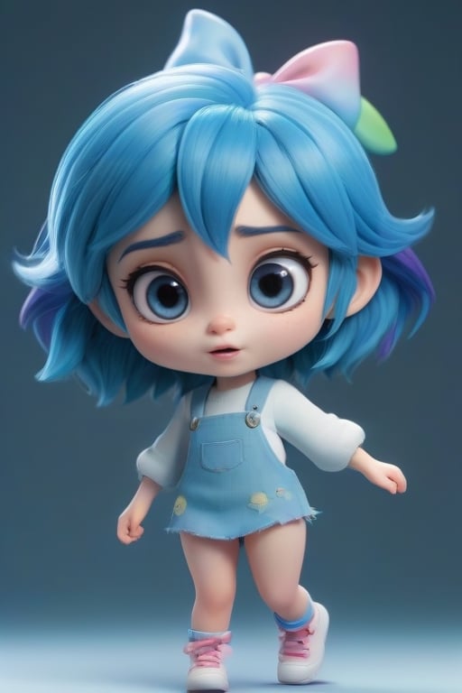 4d photographic image of full body image of a cute little chibi girl surreal, blue hair, vivid colours octane render trending on artstation, artistic photography, photorealistic concept art, soft natural volumetric cinematic perfect light, UHD white background, Dream House, Disney style,Disney Pixar style,score_9,modern Disney