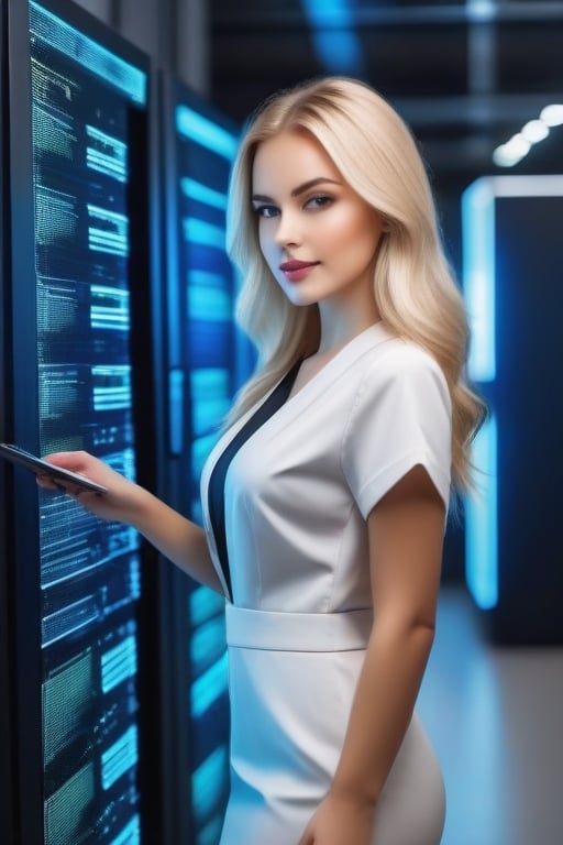 Working Women beautiful young lady 24 age standing talk perfect face eyes hair blonde mouth programmer hacker doctor ceo engineering dress zoom in all body best quality 16k in Big Cyber rooms Data Ai core in CPU, Data Annotation,Beauty