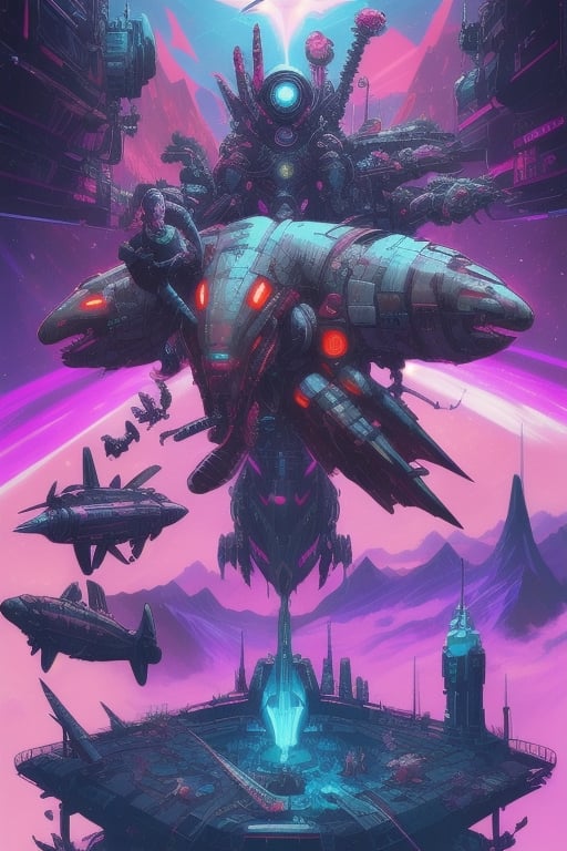 With the theme of animals from the Classic of Mountains and Seas. have many animals in the picture. The background is a space station, cyberpunk style.complex