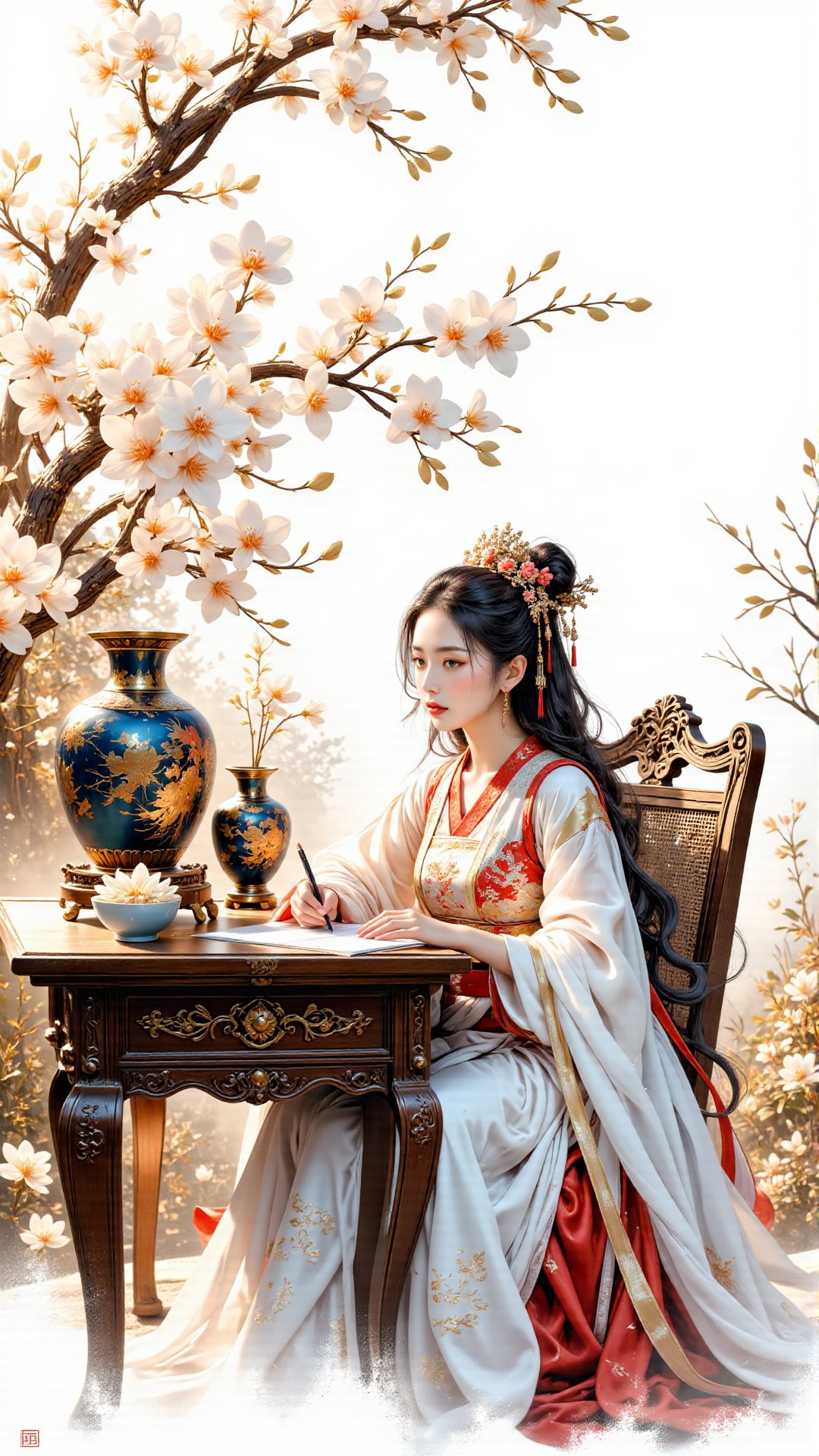 Score_9, score_8_up, score_7_up, A serene tableau unfolds: a transparent watercolor sketch on a simple, white background.((indigo  hair)) A cloisonné Chinese vase sits atop a classical desk, flanked by gladioli and large white phalaenopsis. Against this understated backdrop, an elegant young woman dons white Hanfu, her long flowing hair and delicate features a testament to ancient oriental beauty. With brush in hand, she pens calligraphy, her eyes focused on the task at hand, as the soft glow of golden, red, black, and white hues harmonize to evoke a sense of refinement and contemplation. Movie special effects style. 