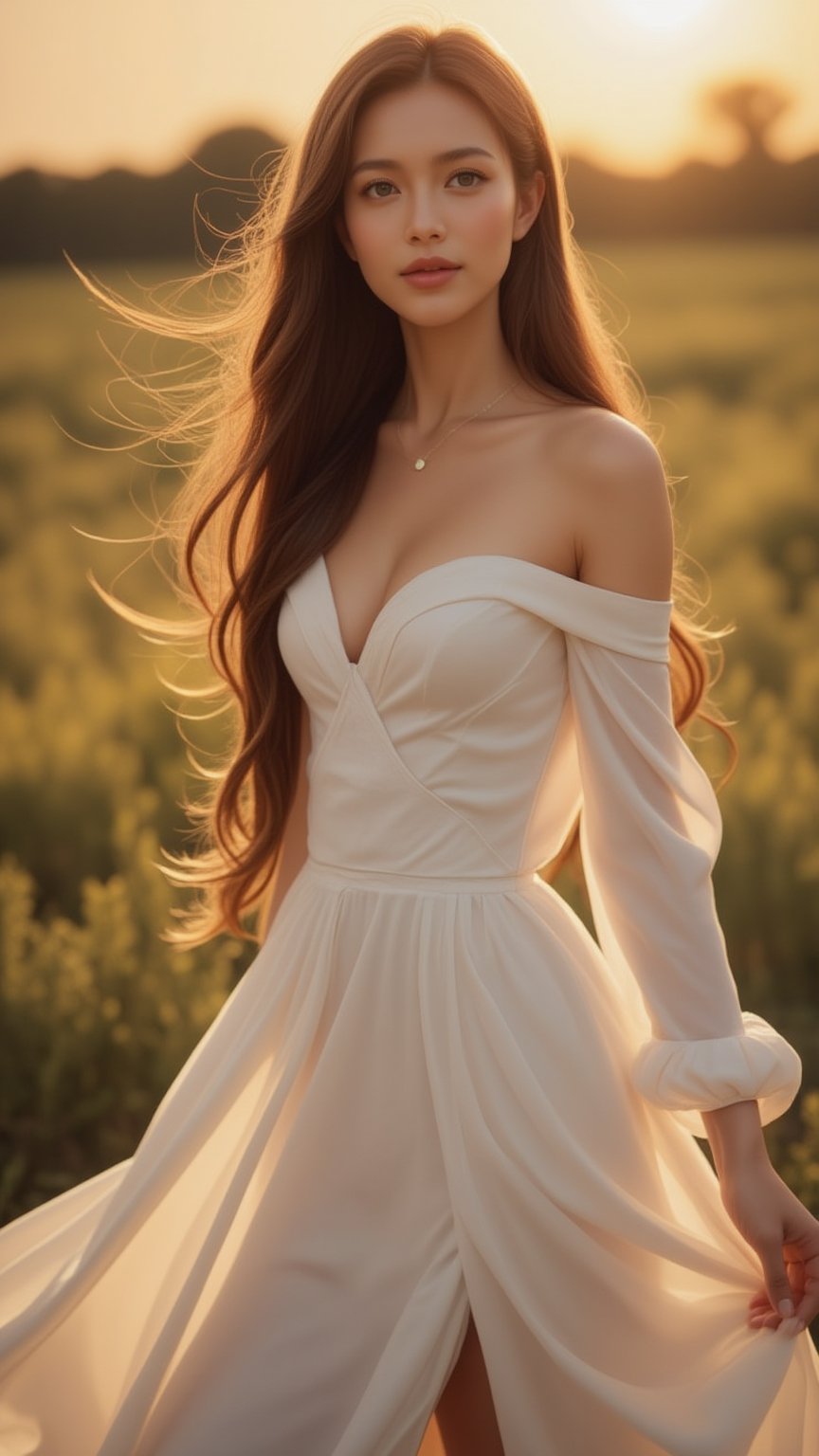 A beautiful and sensually attractive lady with long, flowing chestnut hair, standing in a sunlit meadow during the golden hour. She is wearing a flowing, off-the-shoulder white dress that gently hugs her figure, with the soft fabric fluttering in the breeze. The warm, golden light bathes her in a soft glow, highlighting her radiant skin and creating a dreamy, ethereal atmosphere. Her expression is serene and inviting, with a slight smile as she gazes into the distance.,FuturEvoLabElegant