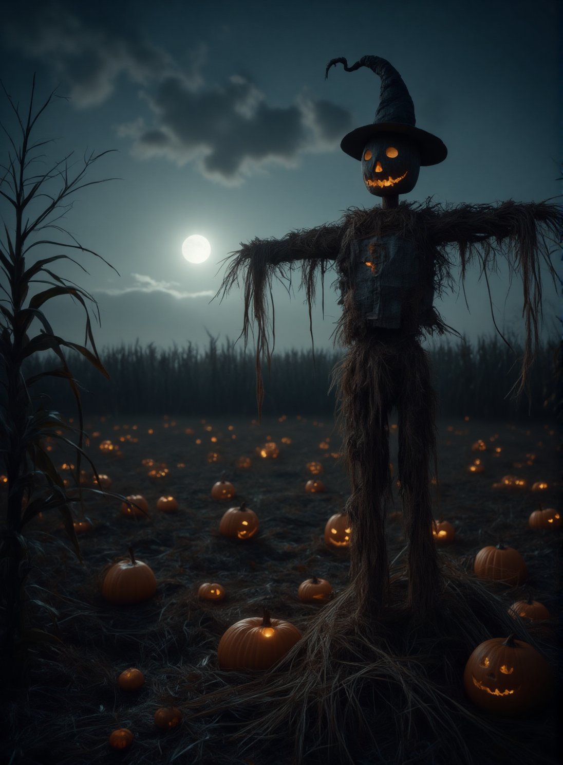 A worn wooden scarecrow stands tall in a cornfield at dusk on Halloween night, its ragged clothes and straw-stuffed body eerily illuminated by a full moon rising behind the trees. The wind rustles through the dry leaves as it gazes out into the darkness.