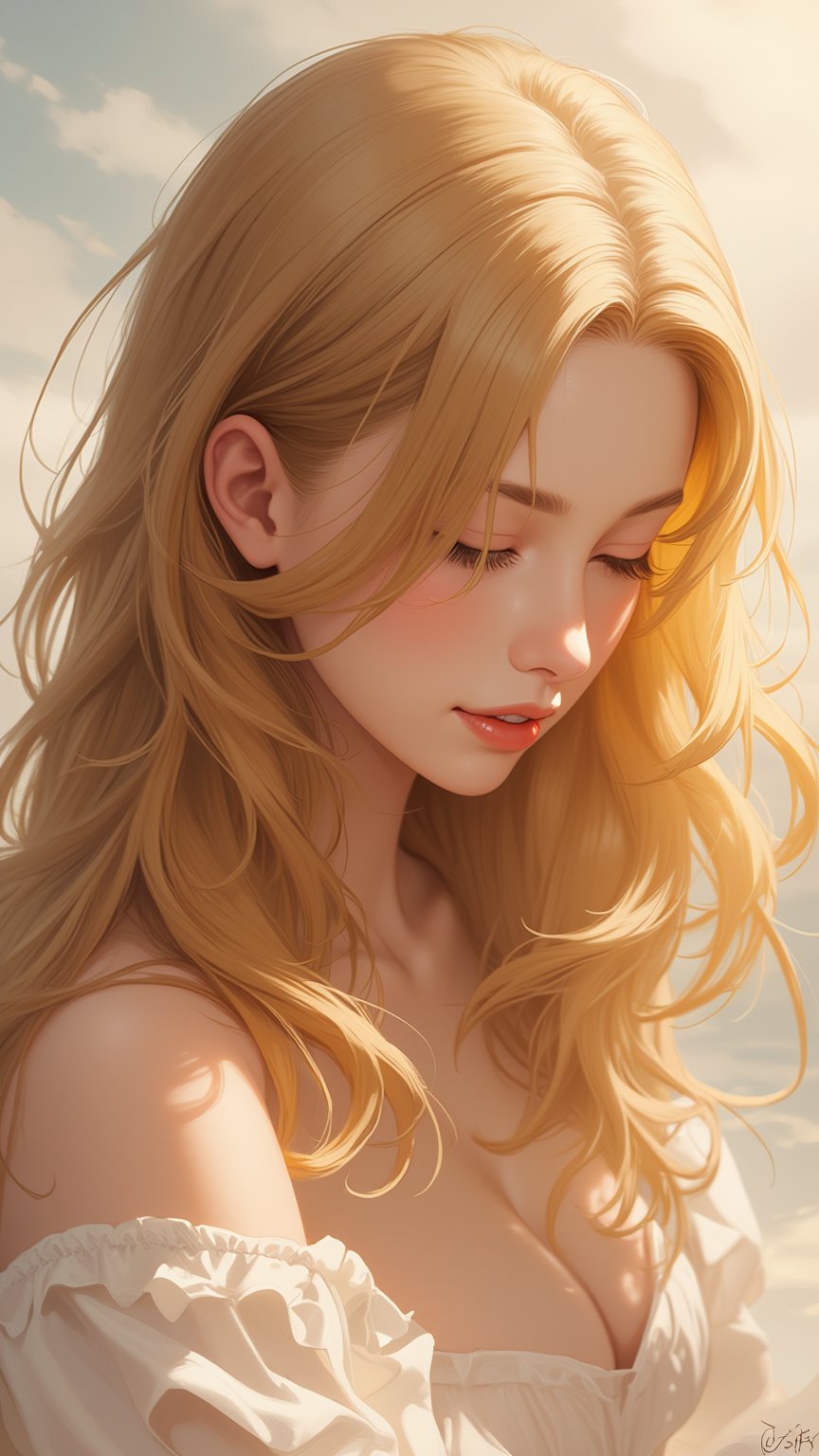 A delicate, soft-focused portrait of a girl, rendered in rich, vibrant oils on canvas. She sits pensively, eyes cast downward, her golden locks cascading like a river of sunset hues down her porcelain skin. A warm, golden light illuminates her features, casting gentle shadows beneath her eyelids and on the curves of her cheeks. The background is a soft, blurred expanse of creamy whites and gentle blues, allowing the girl's serene face to take center stage, ATRFX