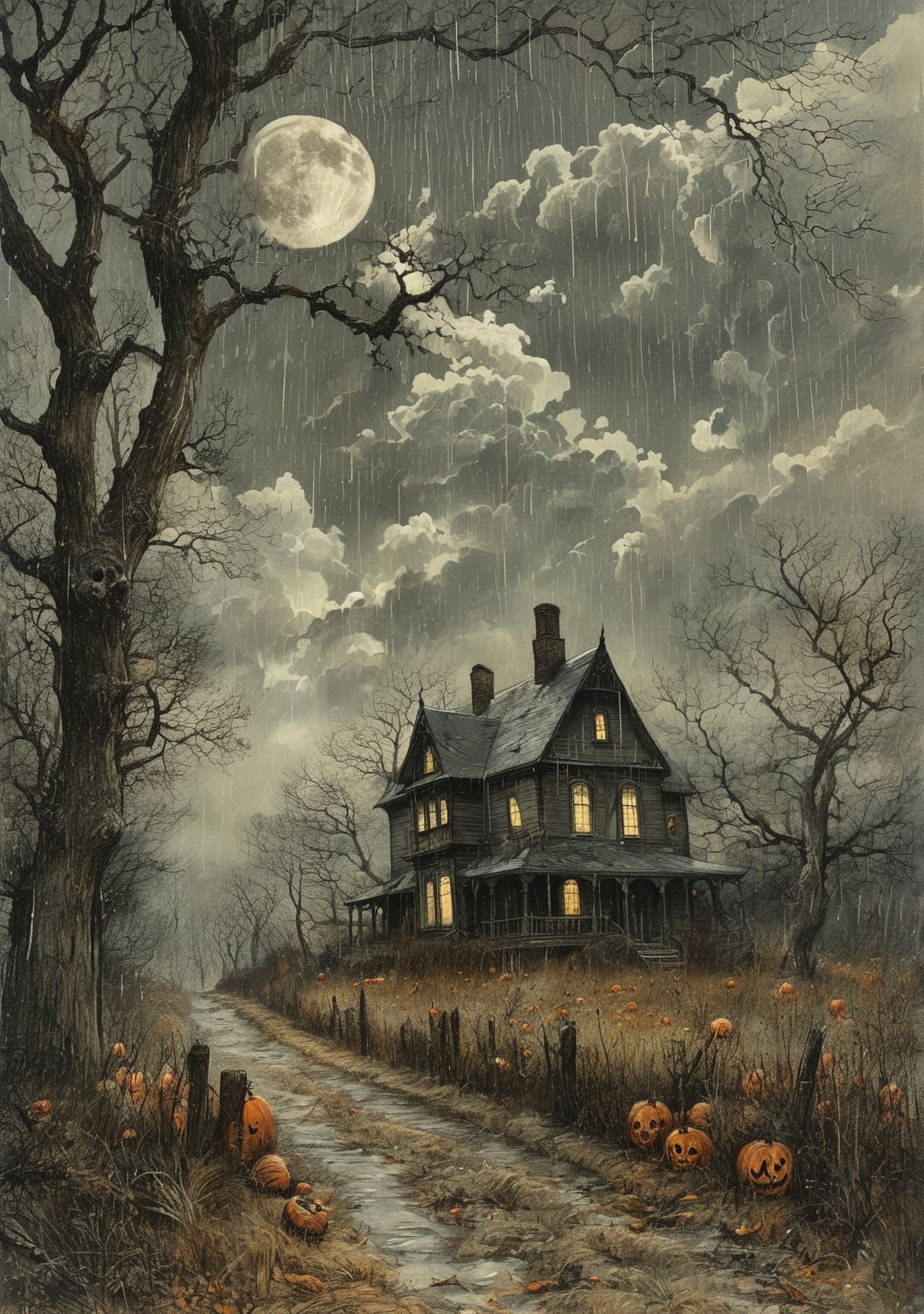 Haunted house horror Gustave Doré Greg Rutkowski sinister by Greg Rutkowski Rainy cemetery jack o lanterns on the ground, full moon, hyper realistic