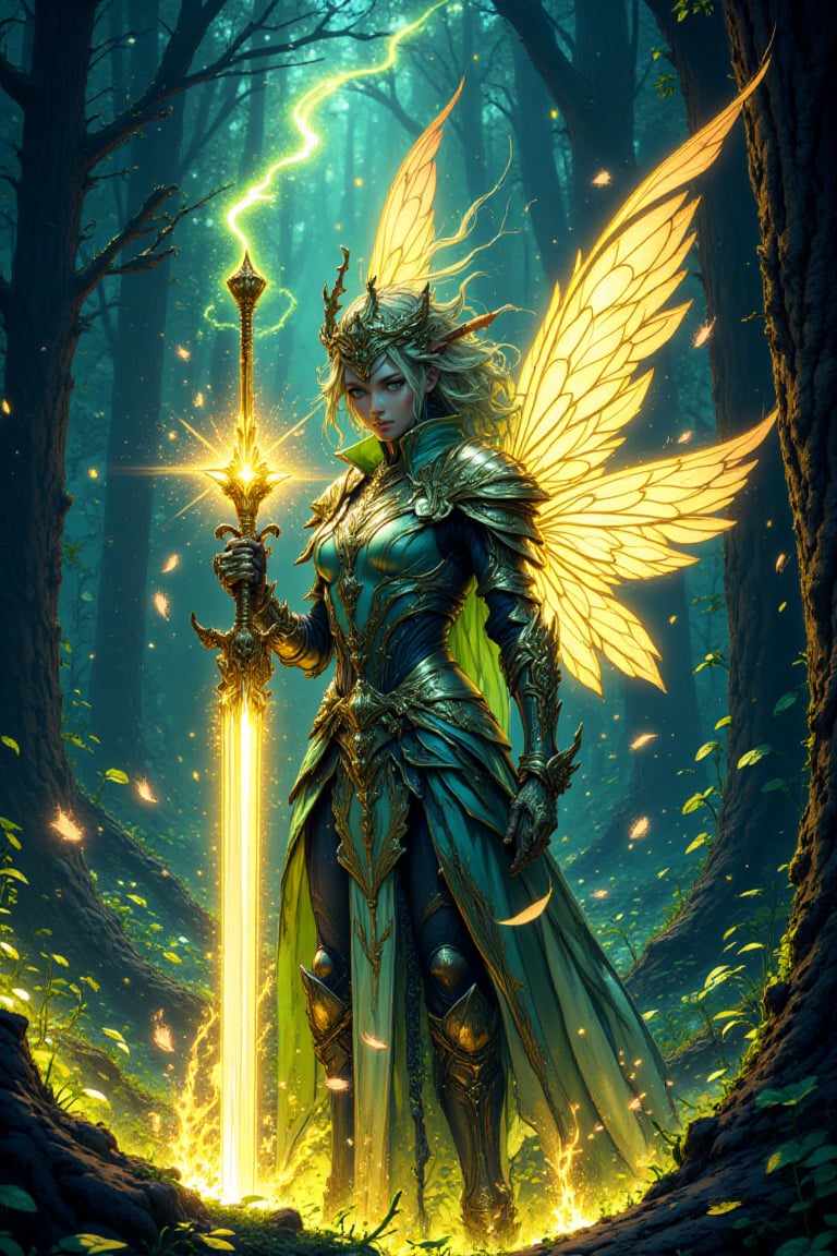 A fantasy warrior fairy in a magical setting. The fairy has bright and ethereal wings, elegant and detailed armor with natural motifs such as leaves and flowers. He is wielding a luminous sword and finds himself in the middle of an enchanted forest, with tall, ancient trees, and a mystical light illuminating the scene. Around him, small magical creatures and flashes of magic float in the air. The fairy has a determined and brave expression, ready to protect her kingdom.