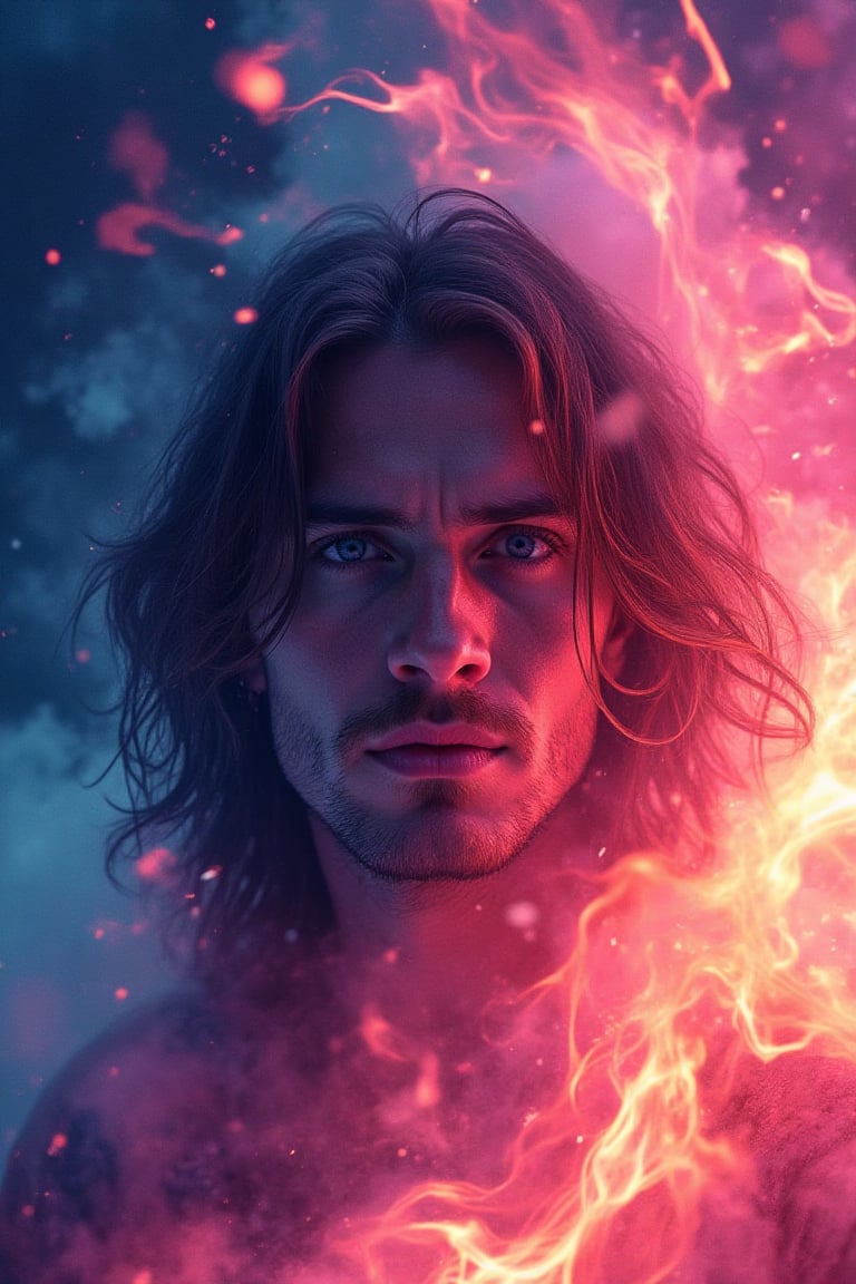 Create an abstract representation of a person surrounded by pink, blue and orange flames by focusing on contrasting elements and dynamic movement. Bright blue eyes, very long thick hair, a expression on his face