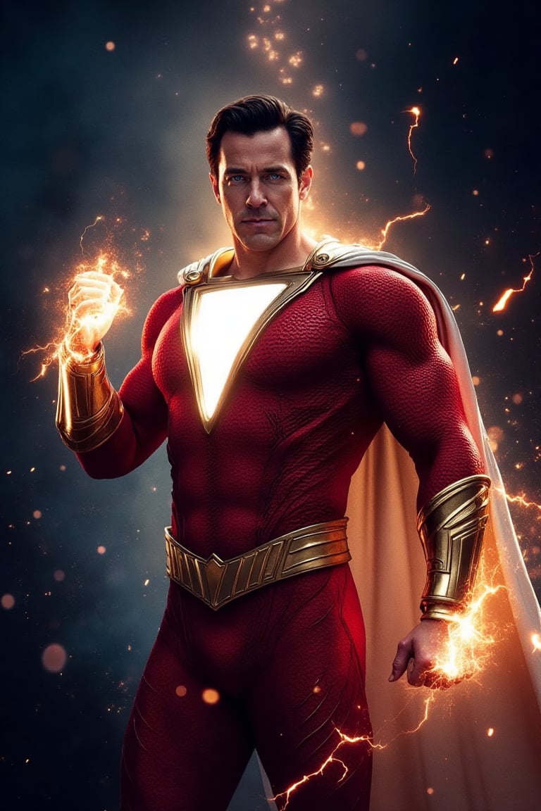 In photorealistic style, create an image that shows a character with his face in sharp focus, with light blue eyes, wearing a red superhero costume "From the movie Shazam 2", with a lightning bolt emblem on the chest, gold details on the cuffs and waist, and a white cape. The character "From the Movie Shazam 2" holds what appears to be electricity or energy in one hand. The background is very dark with multiple rays of different colors, suggesting a powerful and dynamic epic scene