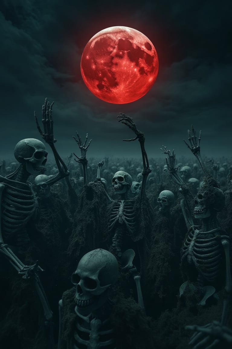 A crimson moon hangs low in the darkened sky, bathing a desolate, vast field in an otherworldly glow. Skeletons emerge from the abyss, their bony forms posed in various states of eeriness: standing tall, reaching out with grasping fingers, or frozen in macabre stillness. The wide-angle lens captures the expansive landscape, emphasizing the haunting atmosphere and the unsettling gathering of skeletal figures under the super red moon's piercing light. 