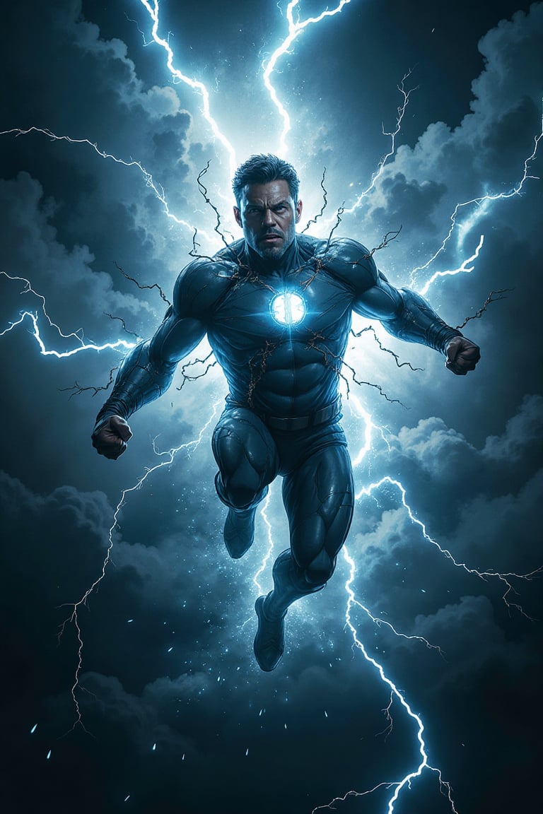 A man with superpowers flying in the air, surrounded by lightning and thunder. His figure is illuminated by electrical flashes, with an expression of determination on his face. The dark, stormy sky contrasts with the bright energy emanating from his body, creating an epic and powerful scene. Lightning zigzags around him, as he rises majestically among the electrically charged clouds.