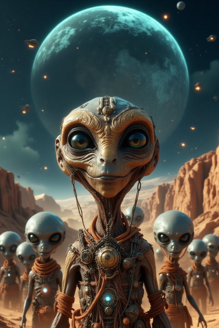 Create an image showing a humanoid alien with big eyes standing in a desert landscape at night with several ships in the sky with lights. Accompanying the alien are several gray aliens with obscured facial features. In the background, a large, detailed planet is seen in the sky, suggesting an extraterrestrial environment. Enhance the image by adding more texture and depth to the alien's skin to make it look more realistic and making sure the lighting on both figures matches the light source of the planet's reflection for added realism.