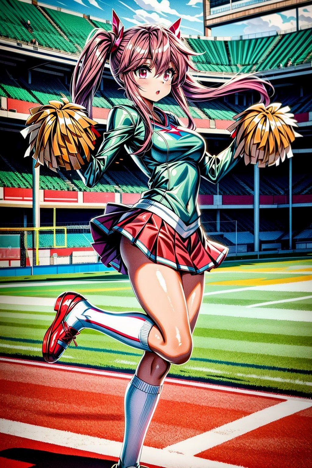 High quality, masterpiece, 1girl, sole_female,  brigth_grenn_eyes, eyesgod, medium long shiny dark_pink hair in pig tails, cheerleader uniform, jumping on a football field, without ponpons