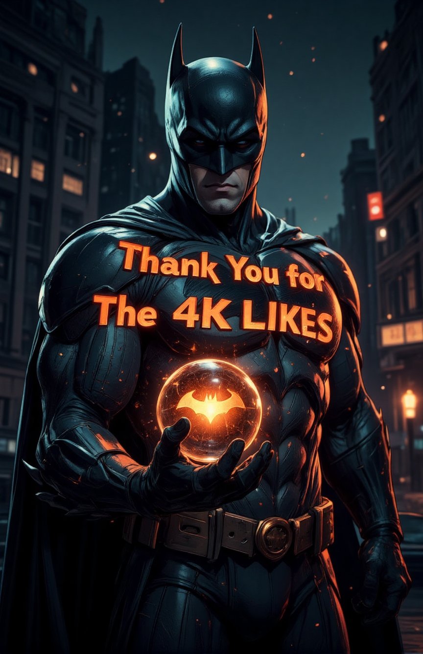 Image of Batman holding a sphere in his right hand. Front view, The words "Thank You for The 4K LIKES" are hovering above the sphere. Holographic orange texts, realistic, correct texts, detailed texts, perfect orientation, ((best Quality)), 16K UHD, ((masterpiece:1.4)),  