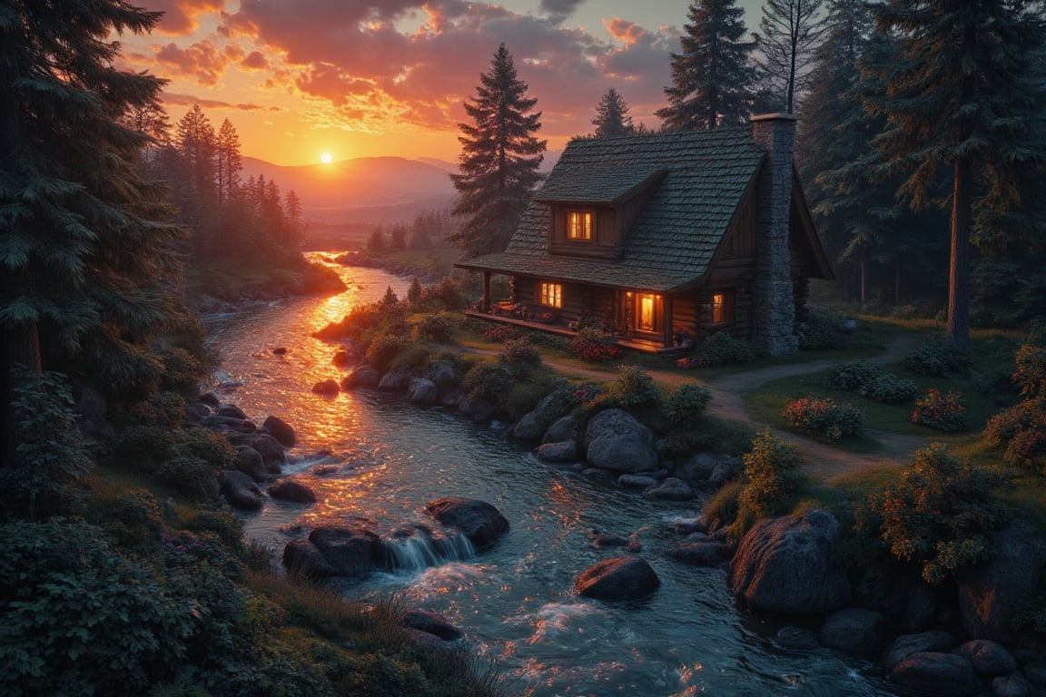 Cabin in woods, nearby a river, water flow, sunrise, orange-hued sun near the horizon, sky with gradient colours, clear detailed reflections, realistic details, bulidings, cinematic scene, dramatic lights, Twilight, isometric view, hyper detailed, ((best image)), ((best quality)), ((masterpiece:1.2)), 8K UHD