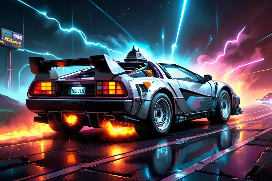 ultra High quality photo of McLaren 1980's, retro futuristic, from ((back to the future)) movie style. lighting stroke, night sky, best art, best image, artistic, 16K resolution, masterpiece. ((extreme long shot view))