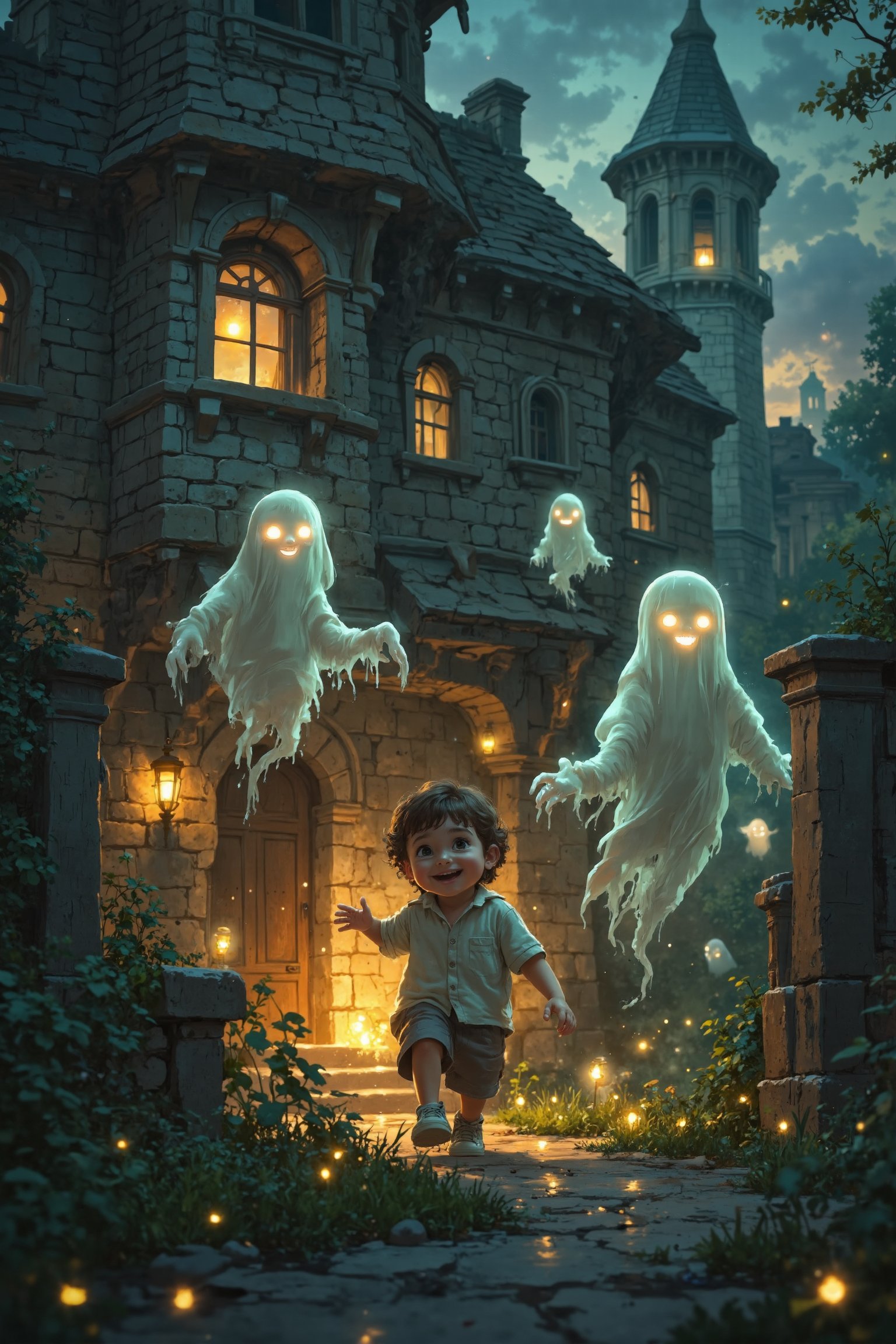 A whimsical scene unfolds as a joyful kid plays with translucent smoky ghosts amidst the eerie backdrop of a haunted house at night. Soft, golden lighting illuminates the atmosphere, casting an otherworldly glow on the transparent specters floating around. The child's happiness radiates through their bright smile and carefree laughter. Against the dark aura, the kid's features are finely detailed, with subtle textures and shading. In the foreground, the ghostly apparitions appear wispy and ethereal, while in the background, the haunted house's crumbling facade looms large. The composition is perfectly framed within a stunning 16K UHD image, showcasing an unparalleled level of detail.

(Detailed face and eyes), detailed body