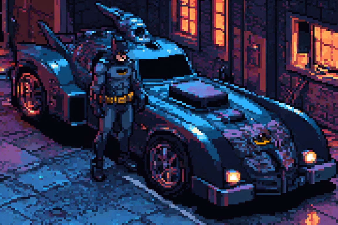 (Imagine pixel version of retro Batman video game).
Captured from a isometric-angle perspective on a video game poster, Batman standing beside the Batmobile. Detailed character design, perfect body, detailed face and eyes, detailed hands and fingers, best image, best quality, masterpiece, 16K UHD. fighting arena sideview. Ultra wide angle shot.