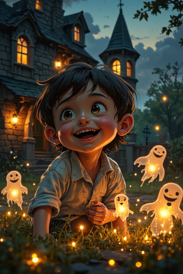 A whimsical scene unfolds as a joyful kid plays with translucent smoky ghosts amidst the eerie backdrop of a haunted house at night. Soft, golden lighting illuminates the atmosphere, casting an otherworldly glow on the transparent specters floating around. The child's happiness radiates through their bright smile and carefree laughter. Against the dark aura, the kid's features are finely detailed, with subtle textures and shading. In the foreground, the ghostly apparitions appear wispy and ethereal, while in the background, the haunted house's crumbling facade looms large. The composition is perfectly framed within a stunning 16K UHD image, showcasing an unparalleled level of detail.

(Detailed face and eyes), detailed body