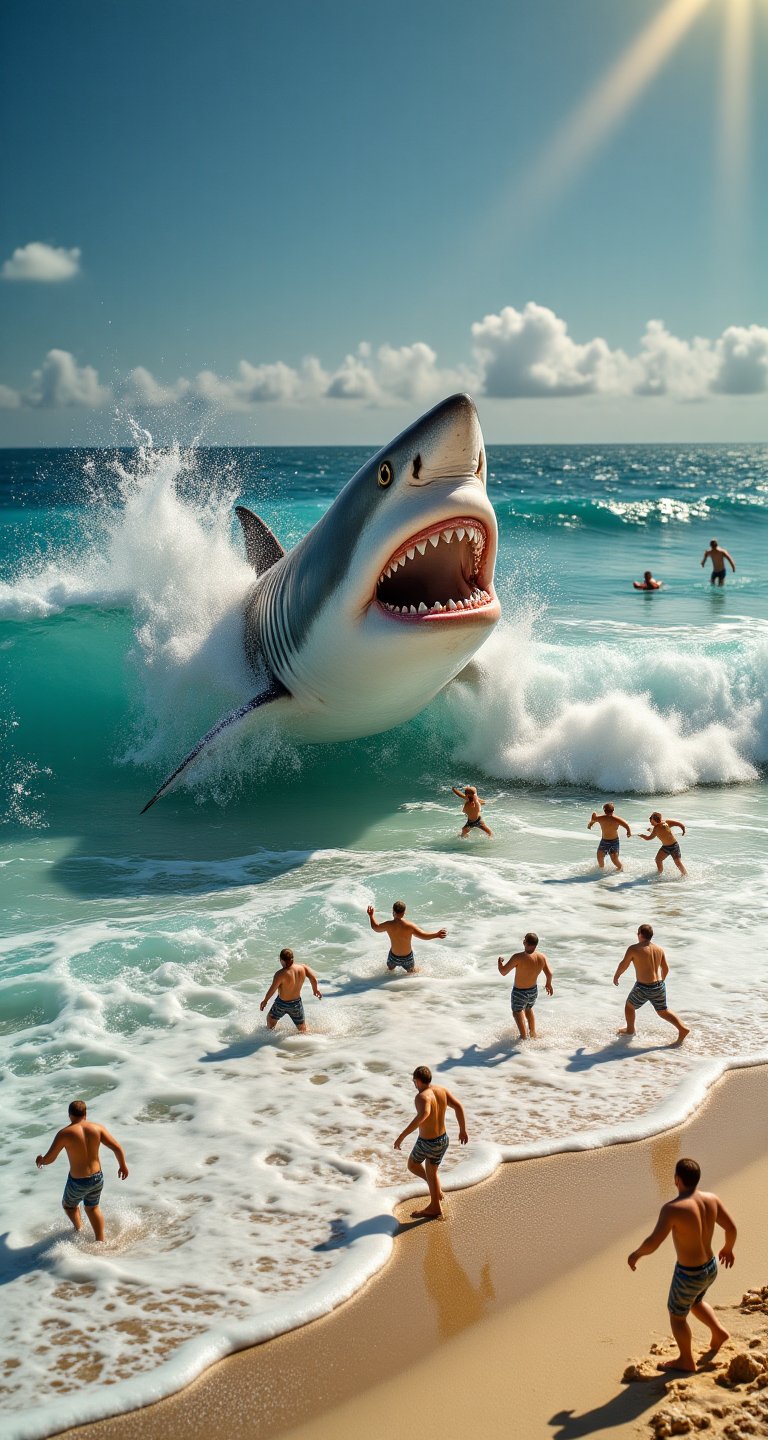 Close-up shot of a massive white shark breaching the surface of the turquoise ocean. Waves crash against the shore as pani...