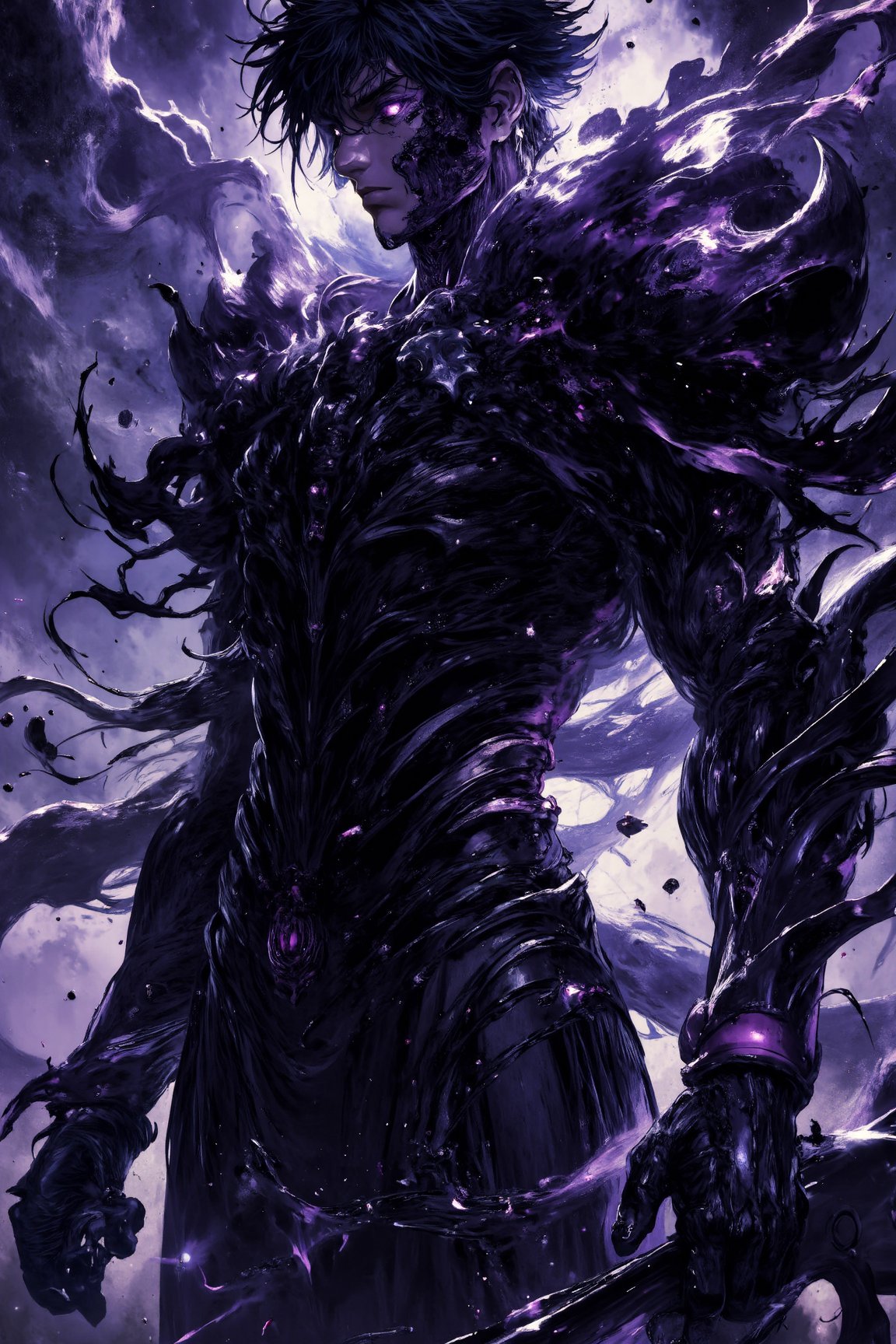 Iconic anime title image of (sung jin woo), the shadow monarch, Solo Leveling, shadows erupting from his body, dark armour, short hair, purple glowing eyes, dark smoky effects, (action pose), ((detailed face and eyes)), ((detailed hands and fingers)), perfect image, best quality, best image, masterpiece, UHD, 16K.