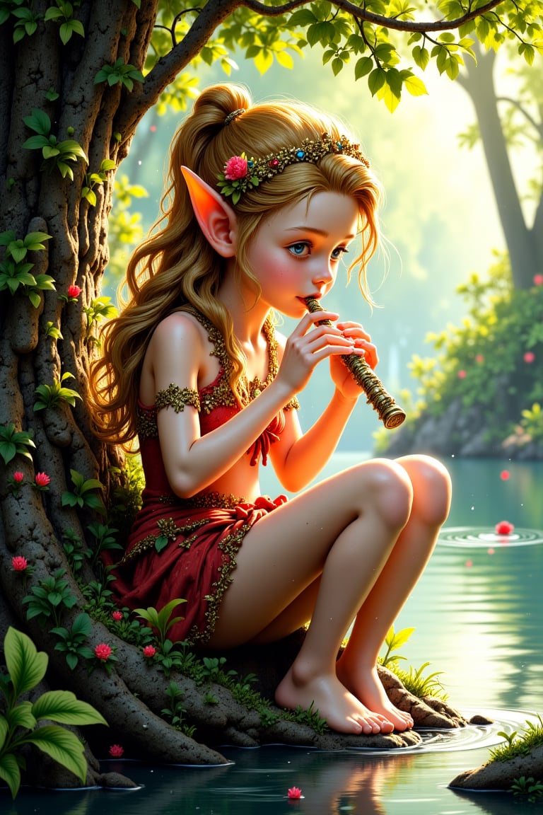 Fantastic ink art image of a cute little ELF princess, adorable face, playing an ornate flute sitting under a tree, river side, sun rays, fantasy forest, ((best image, best quality, masterpiece, very aesthetic)), 16K UHD. ((Full image size)). (Correct anatomy), (detailed hands and fingers), (detailed legs)