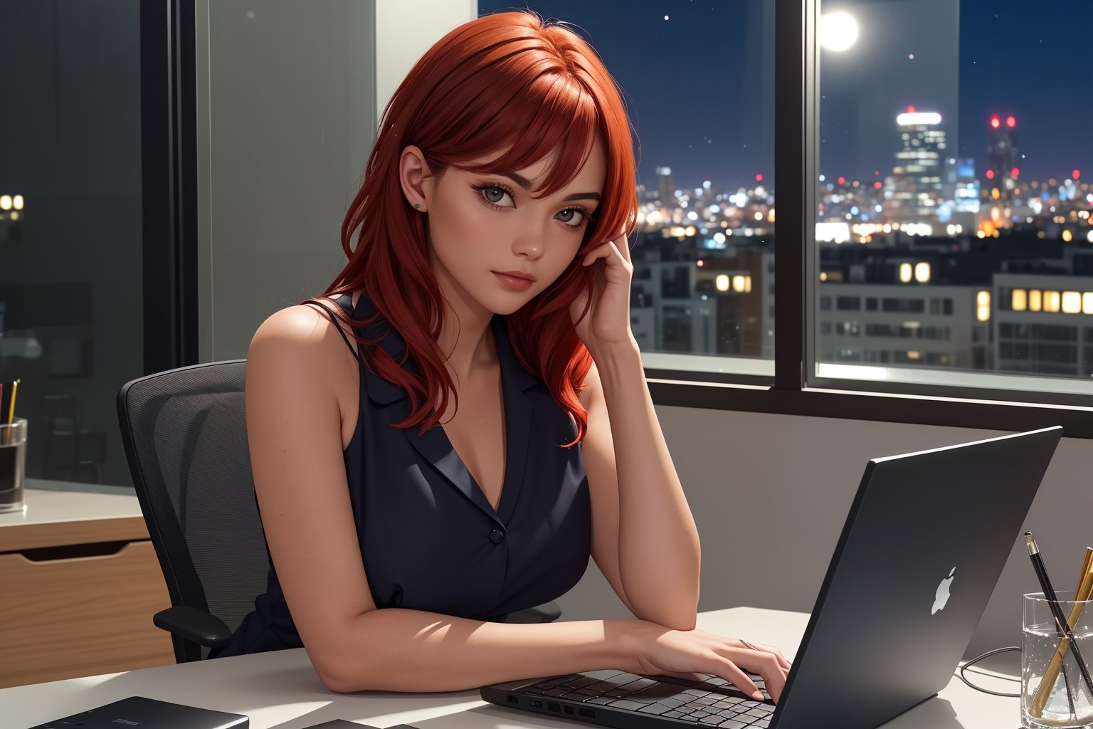 (Masterpiece, best quality, hi_res, extreme detail, perfect anatomy, perfect face), 1 sexy woman,fiery red hair,beautiful labia,sat at her desk with a frown on her face. She was thinking hard in front of the computer. She had a PPT for tomorrow's meeting that she hadn't finished yet. It was already late at night, and she was the only one in the office still working overtime. Outside the glass curtain wall behind her is the bustling night of the city, reflecting her hard work.,androide18,sciamano240