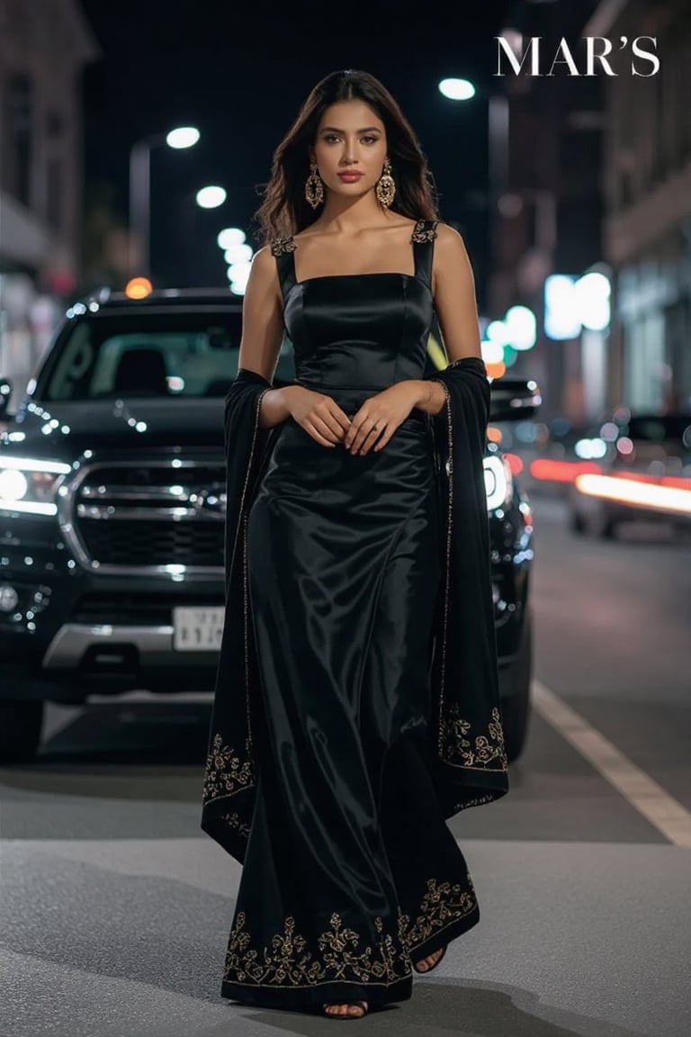 A striking full-body portrait of a young busty woman in her early 20s,  with a confident and engaging expression. She is d...