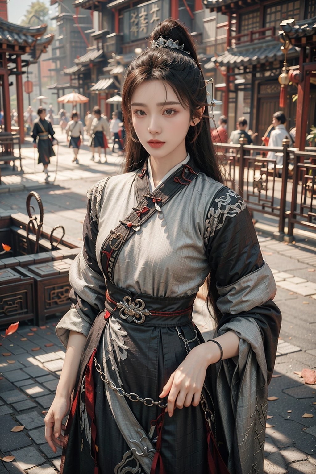 Against the backdrop of ancient Chinese architecture, a stunning female warrior stands poised in a dramatic pose, her black attire accentuating her toned physique and reflecting the rich colors of the setting sun. Intricate silver embroidery adorns her form-fitting armor, while subtle plating catches the fading light. Her piercing gaze, framed by almond-shaped eyes and high cheekbones, commands attention as she wears a high ponytail adorned with a delicate silver hairpin. A black mask partially conceals her face, adding an air of mystique, while bold red lips create a striking contrast against her porcelain complexion.