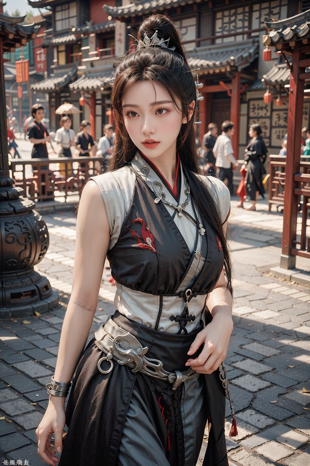 Against the backdrop of ancient Chinese architecture, a stunning female warrior stands poised in a dramatic pose, her black attire accentuating her toned physique and reflecting the rich colors of the setting sun. Intricate silver embroidery adorns her form-fitting armor, while subtle plating catches the fading light. Her piercing gaze, framed by almond-shaped eyes and high cheekbones, commands attention as she wears a high ponytail adorned with a delicate silver hairpin. A black mask partially conceals her face, adding an air of mystique, while bold red lips create a striking contrast against her porcelain complexion.