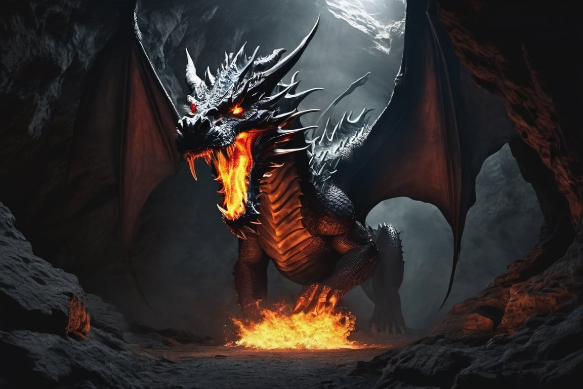 Mythical fire_breathing Dragon,  full_body,  Inside the enormous dark_cave by MindBuggler on Tensor.Art