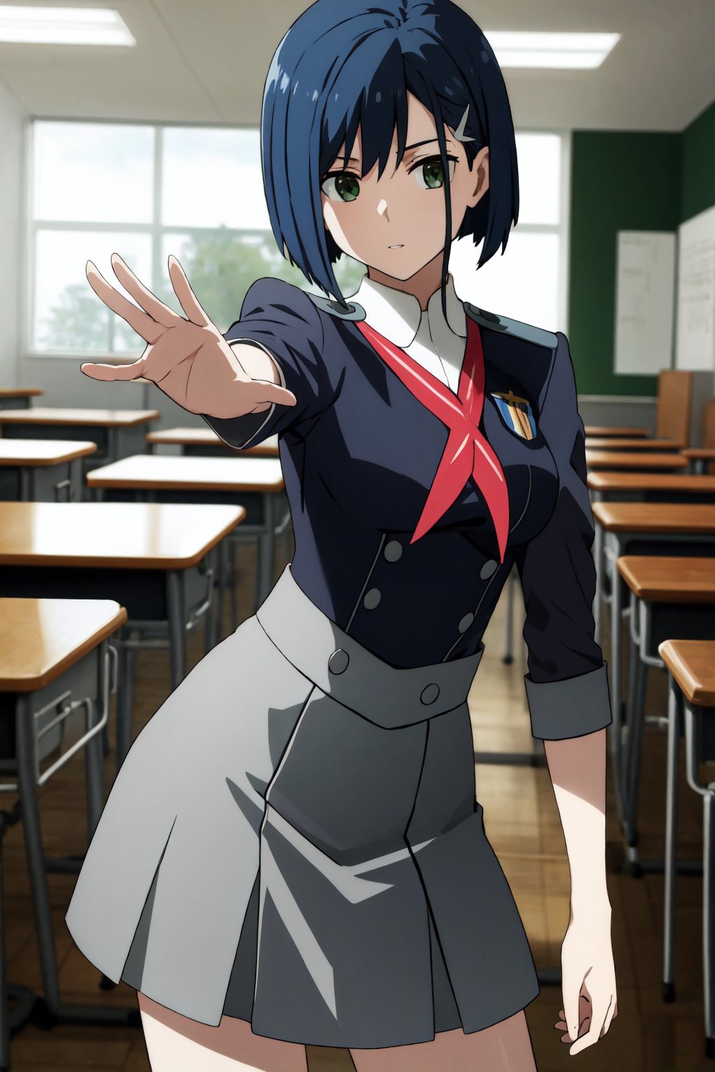 masterpiece, best quality, absurdres,  Ichigo, green eyes, hairclip, 5_figner , uniform, military uniform, grey skirt, grey dress, ,beautiful poses, BREAK School, classroom, school chair, school desk, sharp focus, (perfect anatomy), cowboy shot, [Cinematic lighting|Volumetric Lighting], looking at viewer, 5_fignered,, good poses