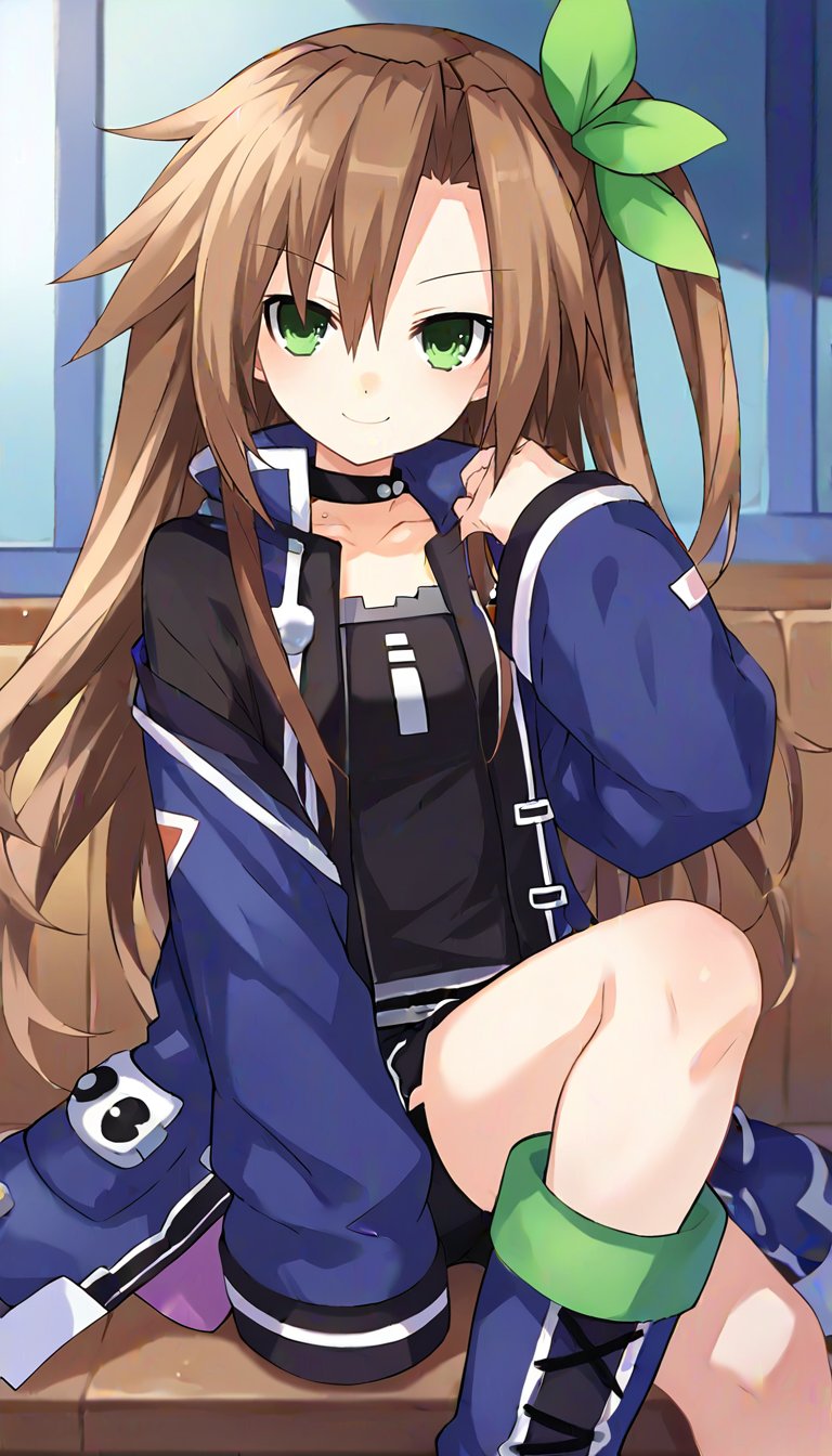 score_9, score_8_up, score_7_up, score_6_up, score_5_up,  source_anime, 1girl, solo, brown hair, long hair, green eyes, green bow, ribbon, one side up, choker, blue jacket, collar, boots, black shorts, black shirt, looking at viewer, dutch angle, cowboy shot, indoors, , IF \(neptunia)\
sitting, at park