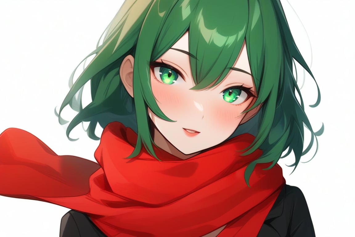 A 20-year-old girl with green and blue eyes with a red scarf, white background, simple cartoon, 2D, full view