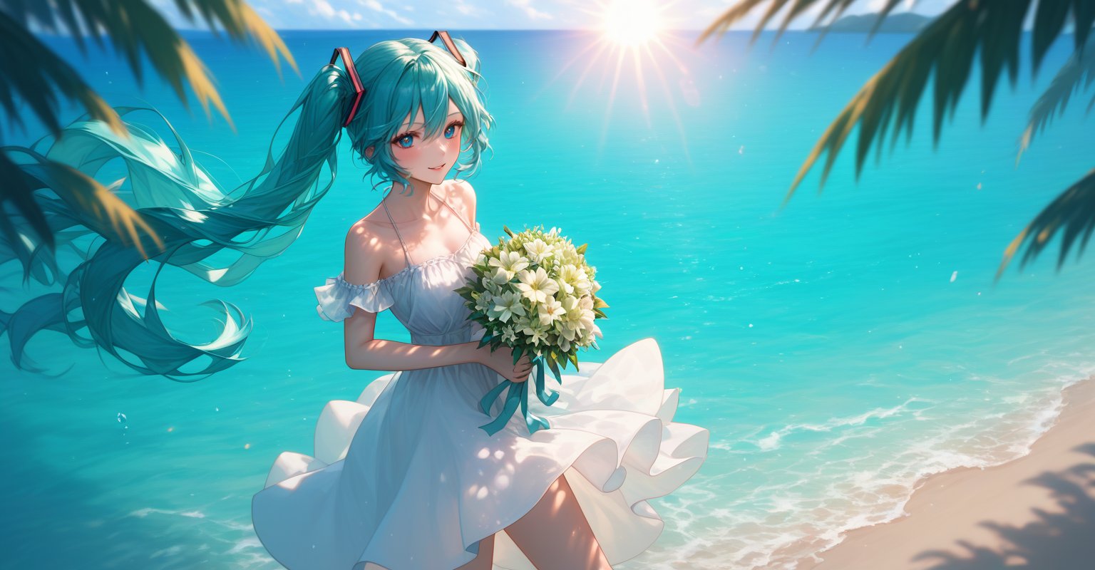 score_9, score_8_up, score_7_up, 1grl, 1girl, solo, long hair, hatsune miku, sun dress, green eyes, white flower, smile, twintails, sunlight, floating hair, horizon, light particles, blurry, dappled sunlight, very long hair, aqua hair, hand up, bare shoulders, bangs, outdoors, blue hair, hair between eyes, beach, water, holding bouquet, looking at viewer, standing, barefoot