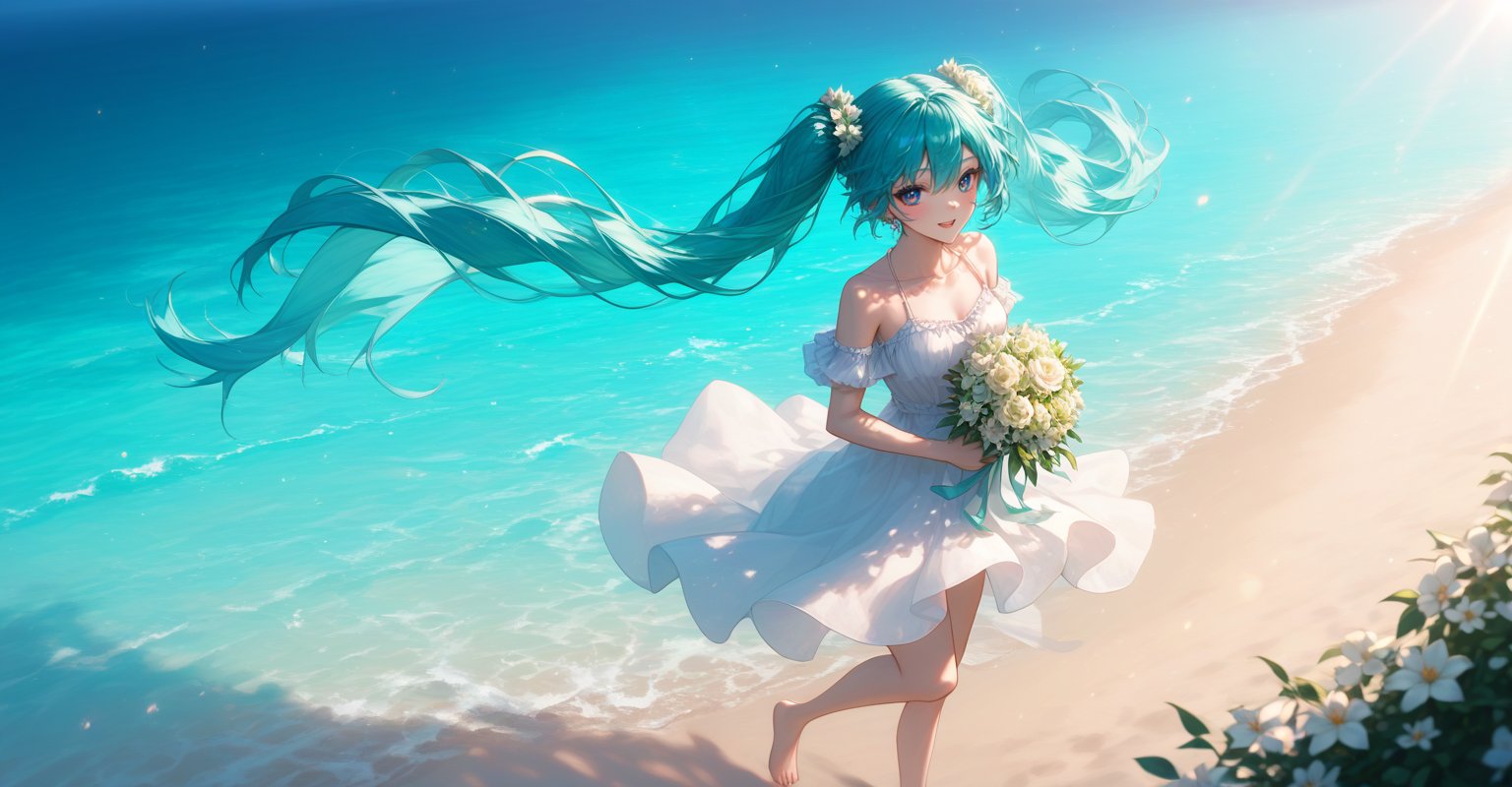 score_9, score_8_up, score_7_up, 1grl, 1girl, solo, long hair, hatsune miku, sun dress, green eyes, white flower, smile, twintails, sunlight, floating hair, horizon, light particles, blurry, dappled sunlight, very long hair, aqua hair, hand up, bare shoulders, bangs, outdoors, blue hair, hair between eyes, beach, water, holding bouquet, looking at viewer, standing, barefoot