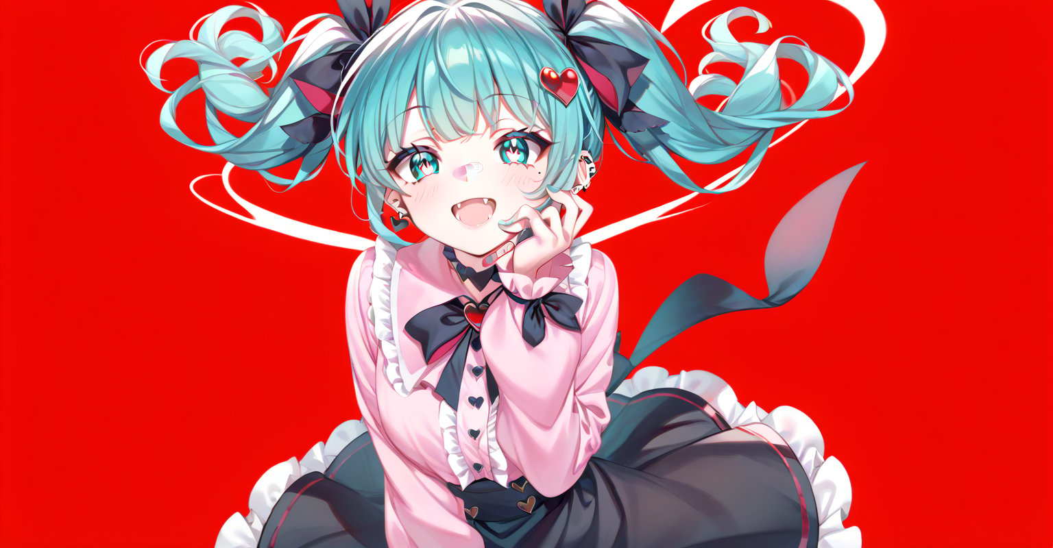 1girl, solo, vampiremiku, heart facial, gree eyes, heart eyes, fangs, smile, open mouth, aqua hair, twintails, heart hair ornament, hair ribbon, black ribbon, aqua eyes, jirai kei, frills, pink shirt, frilled shirt collar, long sleeves, black skirt, ear piercing, earrings, bandaid on neck, red background, Rabbit Hole Pure Pure,score_9, score_8_up