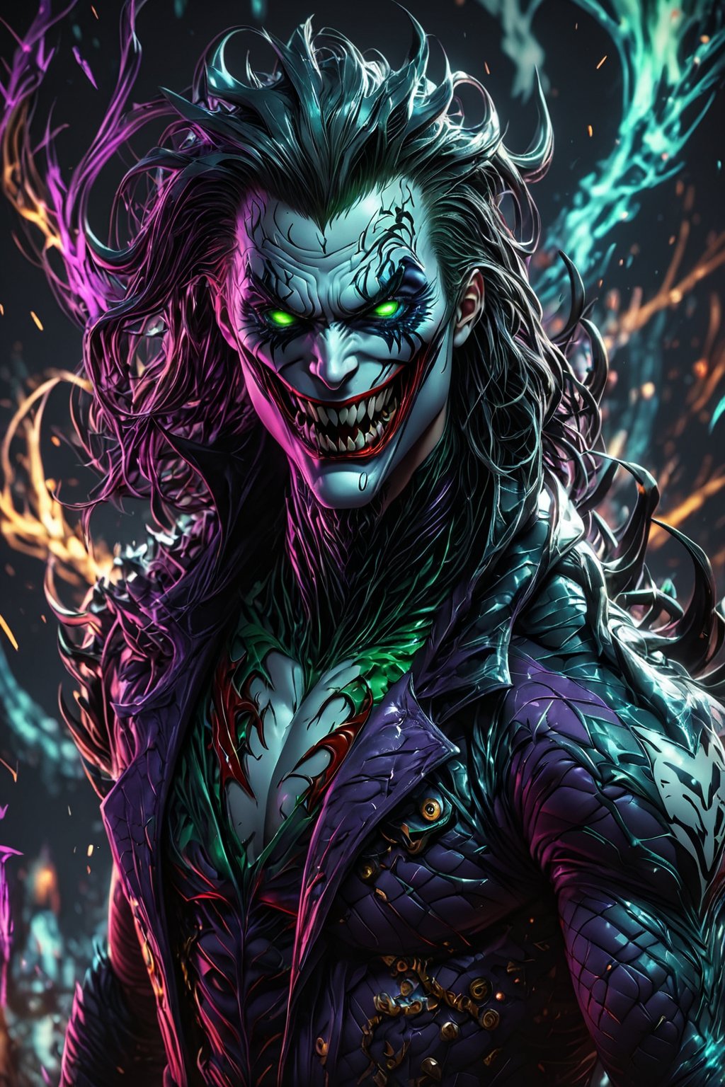 the fusion of venom and the joker. Full body,

(best quality, 4K, 8K, high-resolution, masterpiece), ultra-detailed, realistic, photorealistic, intricate design, vibrant colors, detailed facial expression, otherworldly appearance, glowing elements, complex patterns, high contrast, dynamic lighting, cinematic composition, high detail, high resolution.