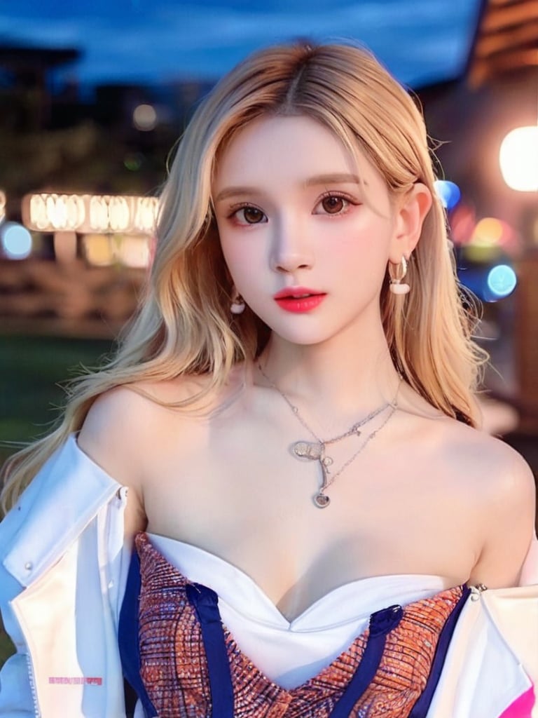 1girl, solo, long hair, looking at viewer, blonde hair, shirt, bare shoulders, brown eyes, jewelry, jacket, upper body, earrings, outdoors, parted lips, sleeveless, choker, off shoulder, blurry, from side, lips, sleeveless shirt, night, blurry background, wavy hair