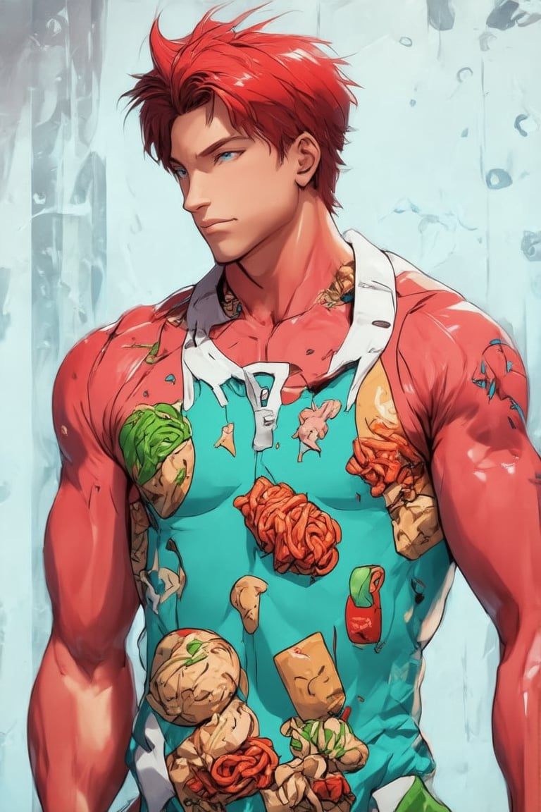 The image is a digital illustration featuring a male figure standing against a textured white background. The figure is depicted in a relaxed pose with one hand slightly touching the front of his outfit. His attire consists of a unique shirt and shorts that are patterned with various food items, including noodles, vegetables, and meats, suggesting a culinary theme. The colors in the pattern are vibrant, with reds, greens, and browns prominently featured. The illustration style is detailed, with clear outlines and shading that give depth to the design. There is no additional context provided beyond the figure and his attire.