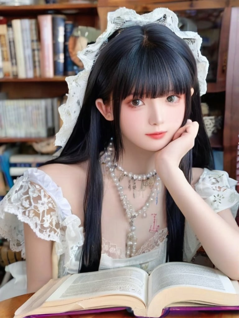 1girl, solo, long hair, bangs, black hair, necklace, book, lace, head rest, realistic