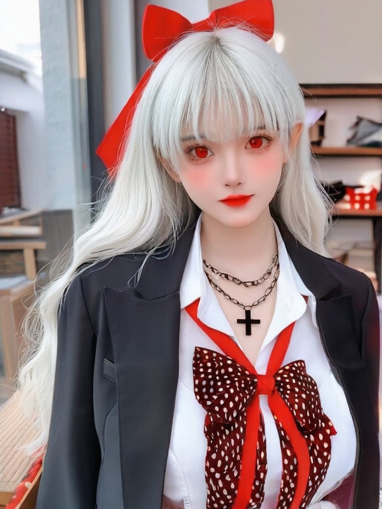 1girl, solo, long hair, breasts, looking at viewer, bangs, shirt, red eyes, bow, ribbon, hair between eyes, jewelry, closed mouth, jacket, white shirt, upper body, white hair, hair bow, earrings, open clothes, collared shirt, necklace, red ribbon, black jacket, black bow, neck ribbon, wavy hair, cross, letterboxed, cross earrings