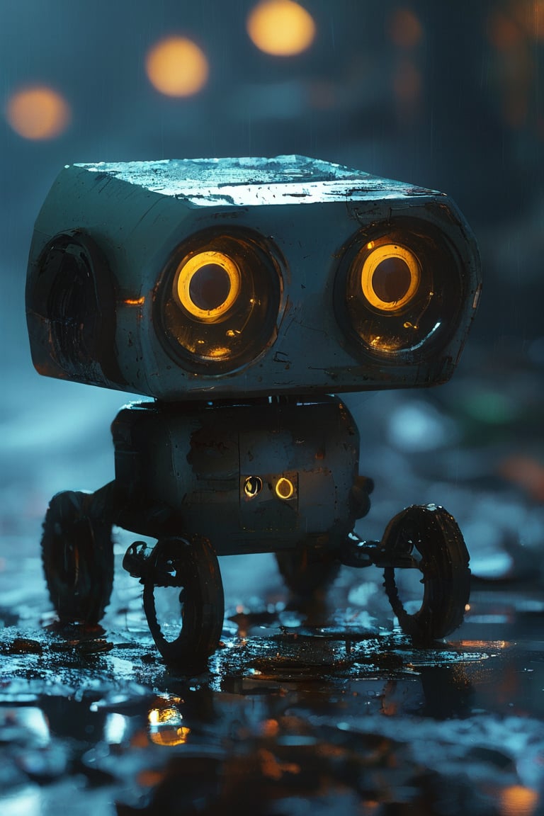 Small robot, cute robot, rectangular body, treaded wheels, compact head, expressive binocular-like eyes, sad and curious appearance, heartbreaking, cute, heavy rain, very sad, lonely, lost place, cyberpunk, desaturated, vibrant colors, dramatic lighting, desaturated background, bokeh, dark theme, soothing tones, depth of field, dramatic backlighting, film grain,